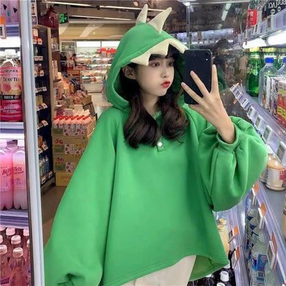 Cute 3D Dinosaur Cartoon Costume Loose Fleece Hoodie Jacket Sweatshirt Aesthetic Casual E-Girl Kawaii Korean Japanese Harajuku