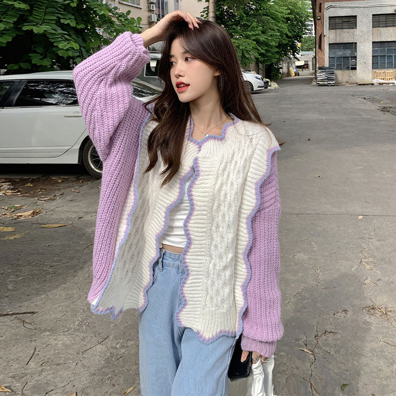 Purple & White Patchwork Knit Cardigan