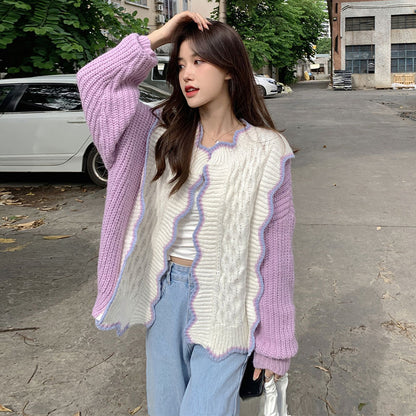 Purple & White Patchwork Knit Cardigan