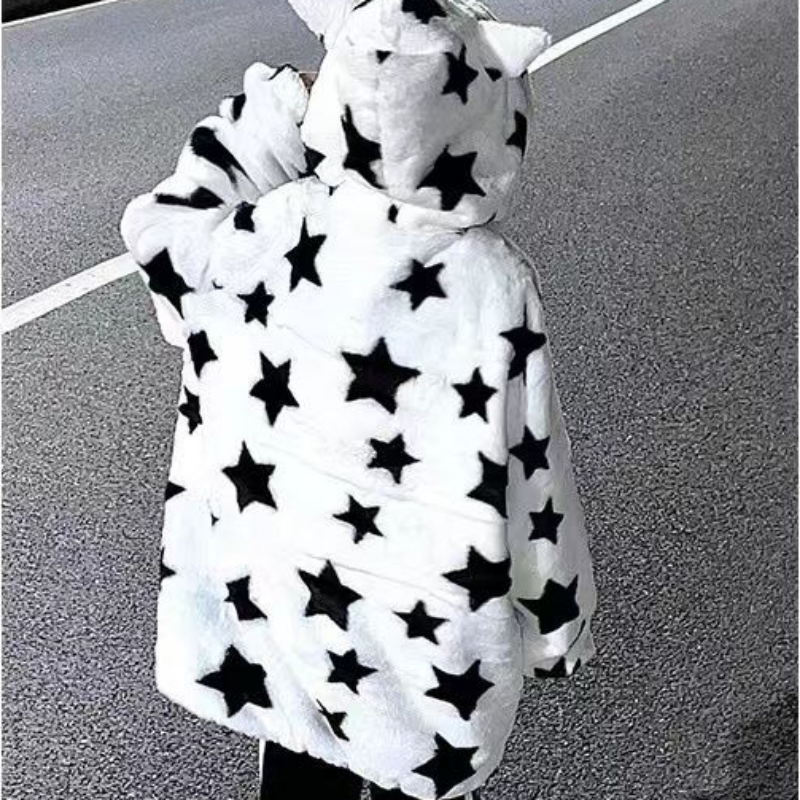 3D Star Ear Print Plush Hood Jacket
