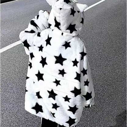 3D Star Ear Print Plush Hood Jacket