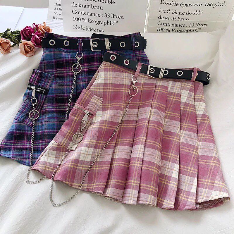 Cute Vintage Plaid Belt Chain High Waisted Mini Skirt School Uniform Tennis A-line Goth Punk Club E-Girl Kawaii Korean Japanese Harajuku Streetwear