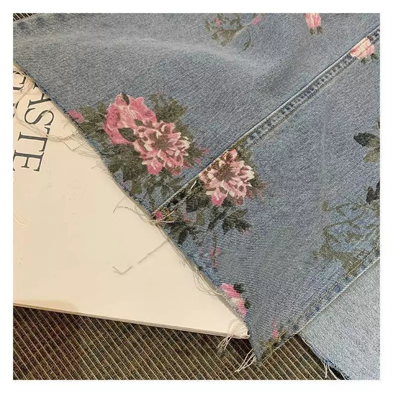 Cute Vintage Flowers Print Maxi Denim Skirt High Waist Open Split Straight Summer Aesthetic Casual E-Girl Kawaii Korean Japanese Harajuku