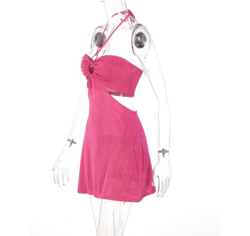 Pink Cut Out Halter Backless Dress