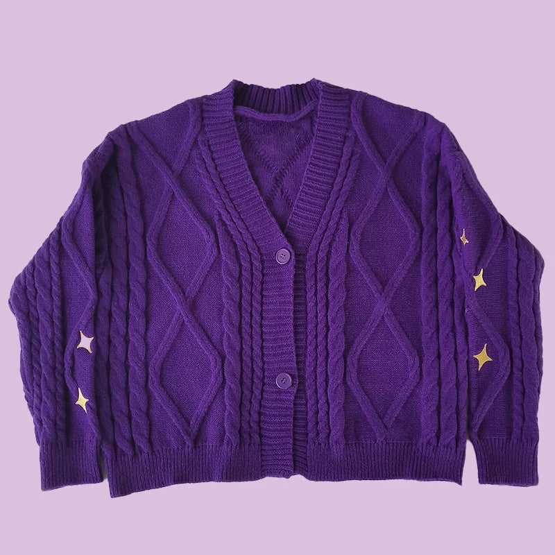 Purple Star Embroidery Button Cardigan