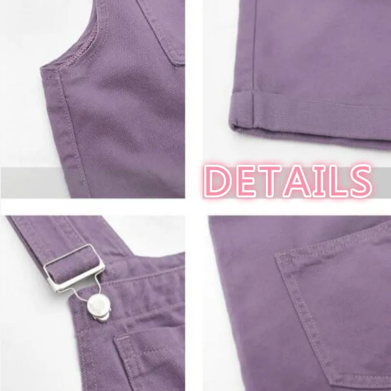 Purple Suspender Denim Overalls Shorts
