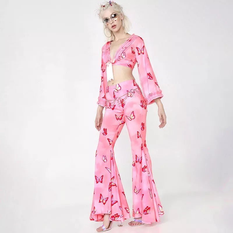 Pink Butterfly Low Waist Flare Bell Bottom Pants Rave Festival Aesthetic Casual E-Girl Kawaii Korean Japanese Harajuku