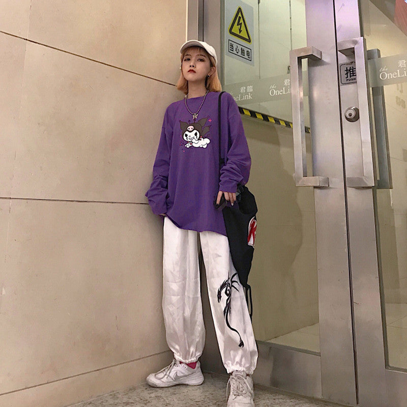 Cute Purple Devil Demon Print Anime Cartoon Casual Oversized Long Sleeve Tee Shirt T-shirt Top E-Girl Kawaii Korean Japanese Harajuku Streetwear