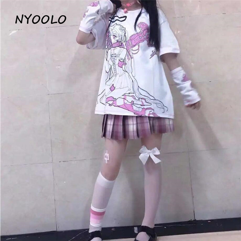 Angel Steampunk Anime Girl Cartoon Print Loose Short Sleeve T-shirt Top Summer Causal Goth Punk E-Girl Kawaii Korean Japanese Harajuku Streetwear