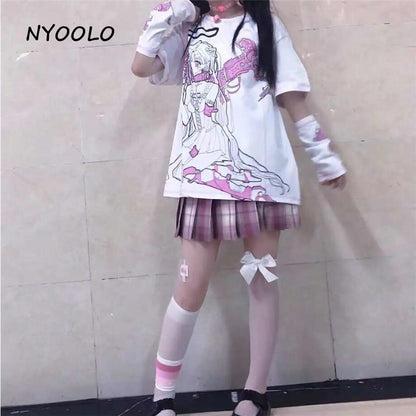 Angel Steampunk Anime Girl Cartoon Print Loose Short Sleeve T-shirt Top Summer Causal Goth Punk E-Girl Kawaii Korean Japanese Harajuku Streetwear