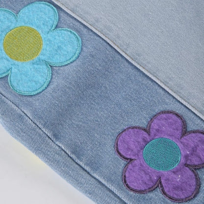 Cute Vintage Flower Patchwork High Waisted Denim Jean Trouser Pants Indie Punk Aesthetic Casual Summer E-Girl Kawaii Korean Japanese Harajuku