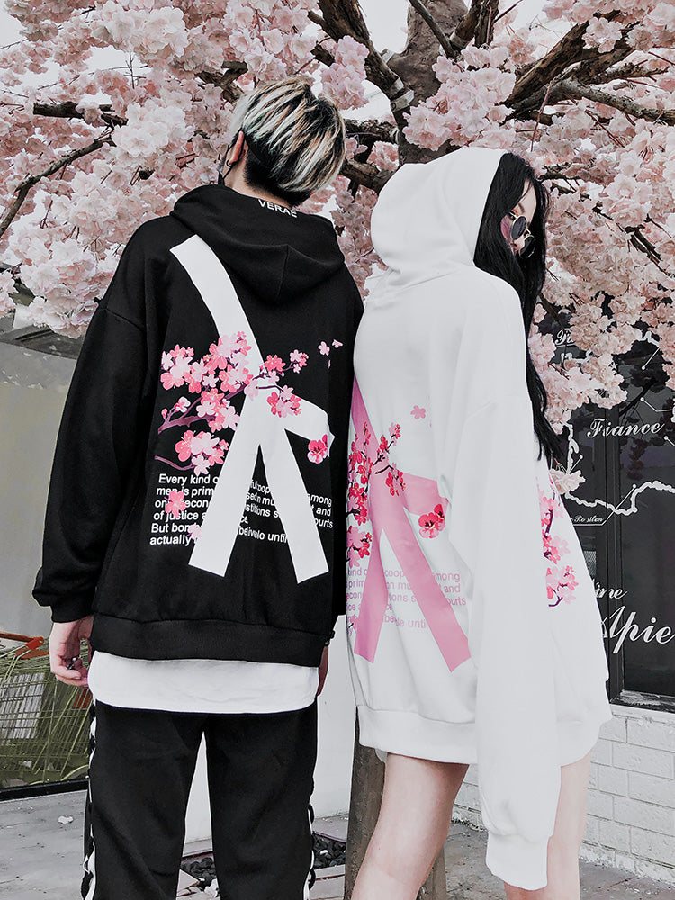 Cute Cherry Blossom Sakura Flower Print Oversized Unisex Long Sleeve Hoodie Sweater Sweatshirt E-Girl Kawaii Korean Japanese Harajuku Streetwear