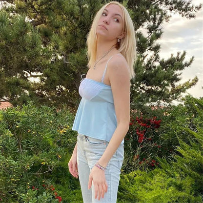 Blue Square Neck Elegant Ruffle Hem Camisole
