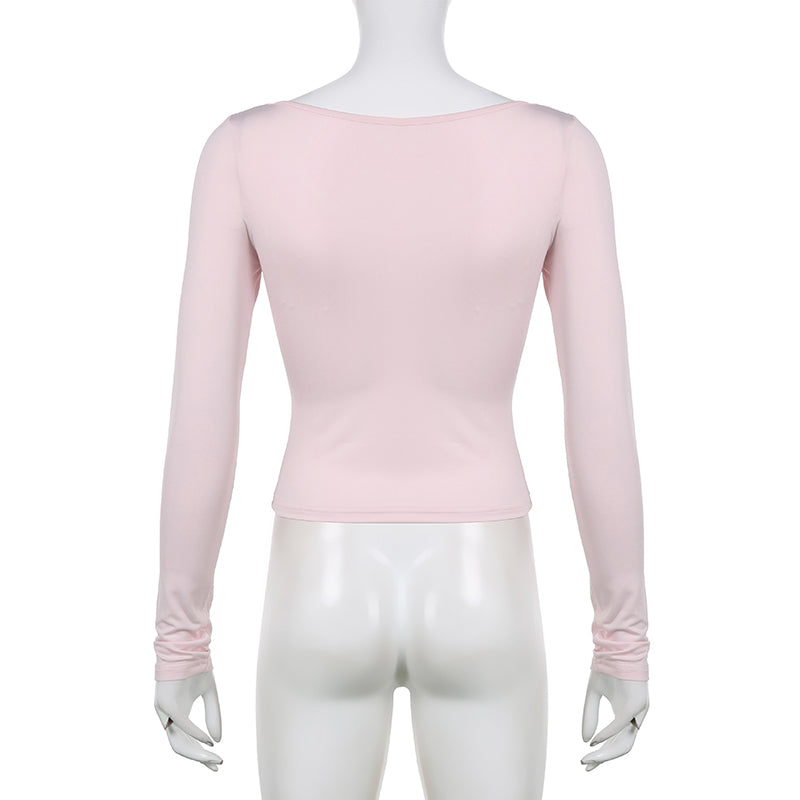 Sweet Lace Up Slash Neck Long Sleeve Shirt