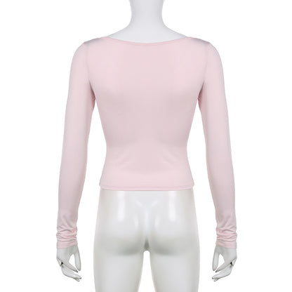 Sweet Lace Up Slash Neck Long Sleeve Shirt