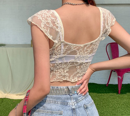 Cute Transparent Lace Mesh Sweet Crop Top Short Sleeve Shirt Tee T-shirt E-Girl Kawaii Korean Japanese Harajuku Chinese Retro Streetwear Aesthetic