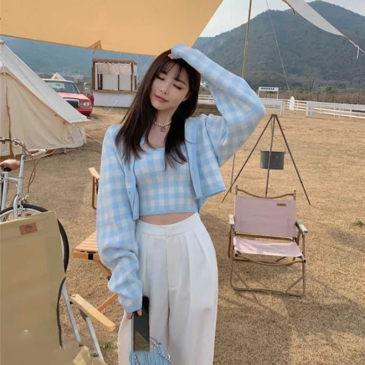 Cute Pastel Candy 2pcs Soft Plaid Knit Cardigan Sweater + Crop Top Vest Aesthetic Casual Summer E-Girl Kawaii Korean Japanese Harajuku