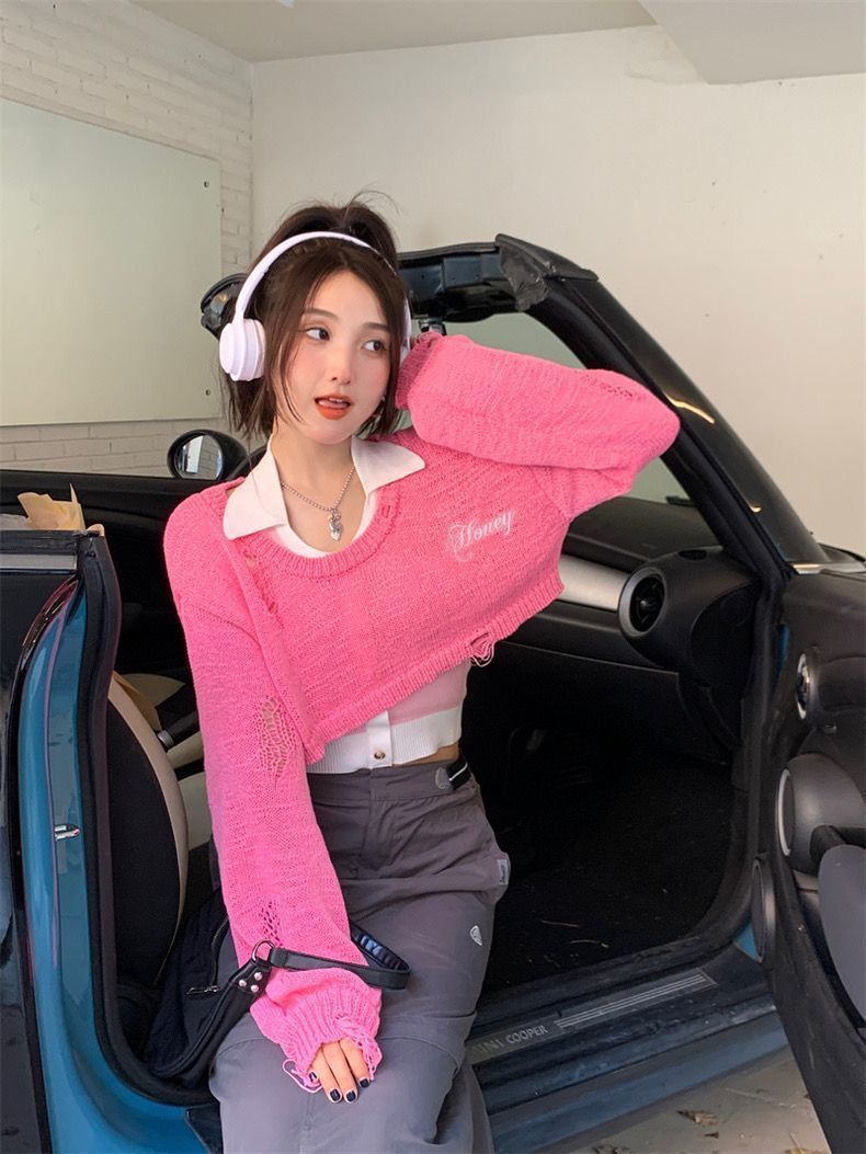Pink Y2K Oversized Cropped Smock Sweater