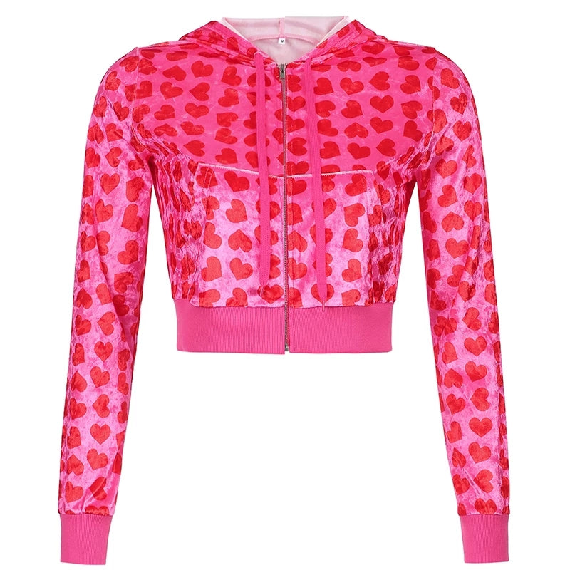Cute Pink Heart Print Velvet Tracksuit Set Long Sleeve Cropped Hoodie + Sweatpants Aesthetic Casual Summer E-Girl Kawaii Korean Japanese Harajuku