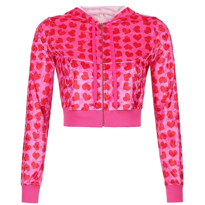 Cute Pink Heart Print Velvet Tracksuit Set Long Sleeve Cropped Hoodie + Sweatpants Aesthetic Casual Summer E-Girl Kawaii Korean Japanese Harajuku