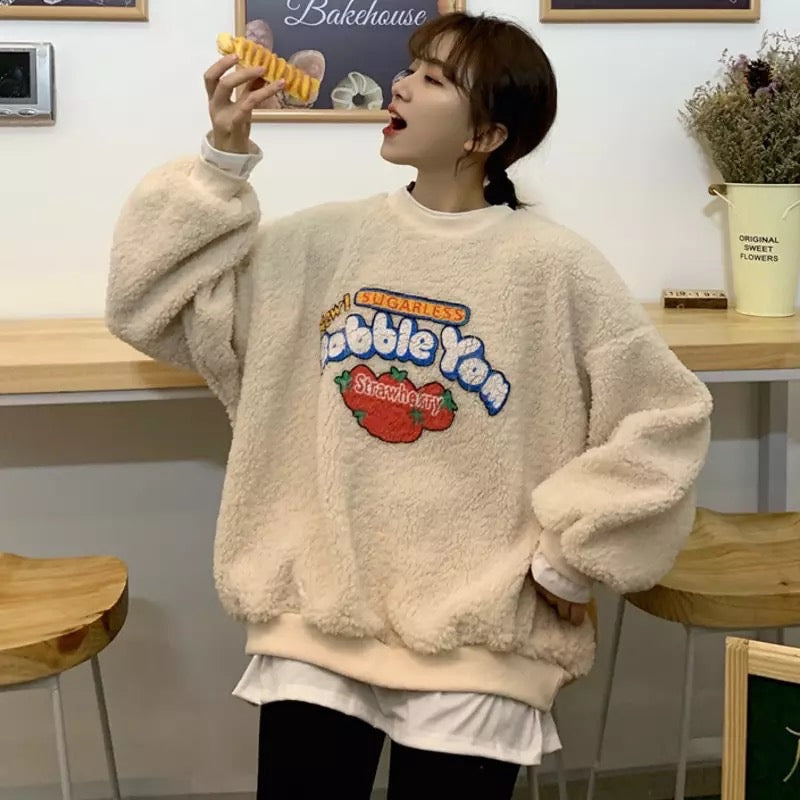Strawberry Bubblegum Print Warm Fuzzy Fleece Hoodie Sweatshirt Sweater Long Sleeve Pullover E-Girl Kawaii Korean Japanese Harajuku Streetwear