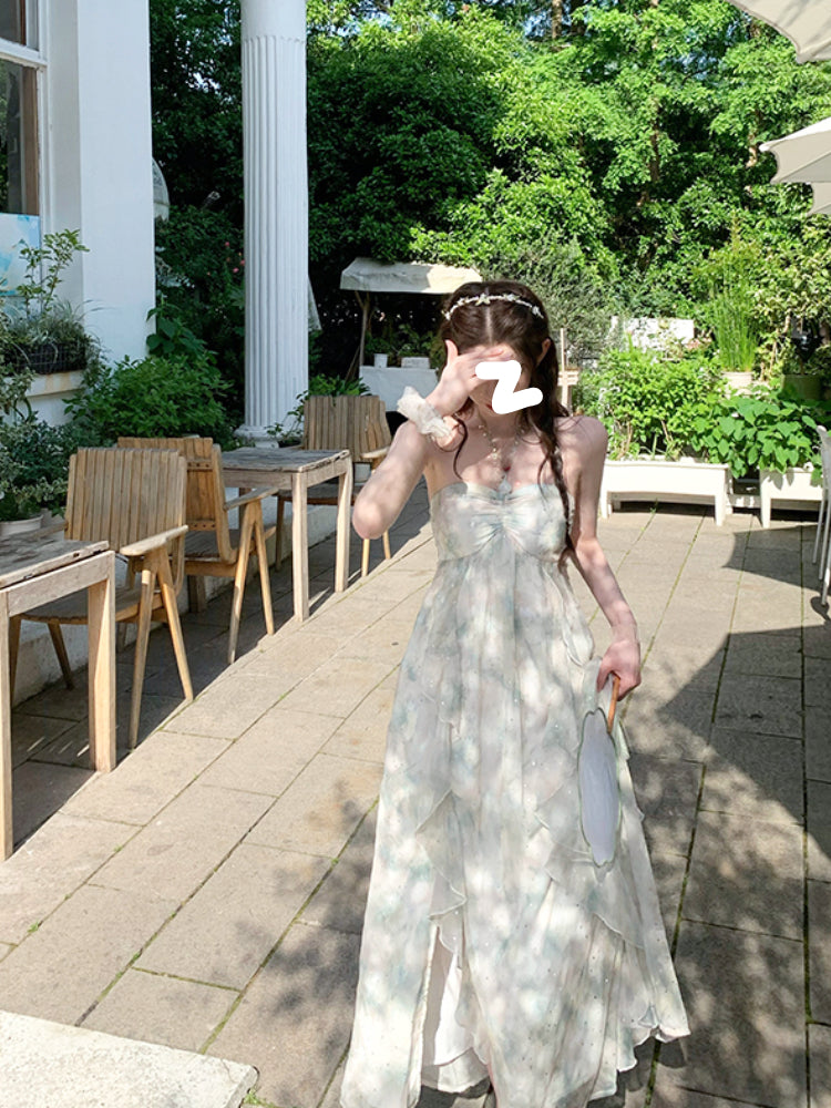 Green Chiffon French Beach Midi Dress