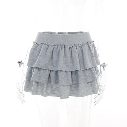 Grey Ruffle Low Rise Pleated Skirt