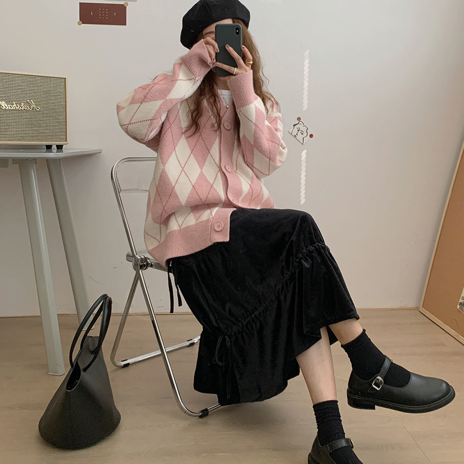 Pink Argyle V Neck Sweater