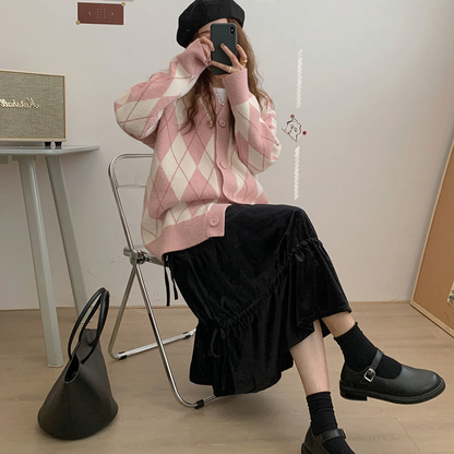 Pink Argyle V Neck Sweater