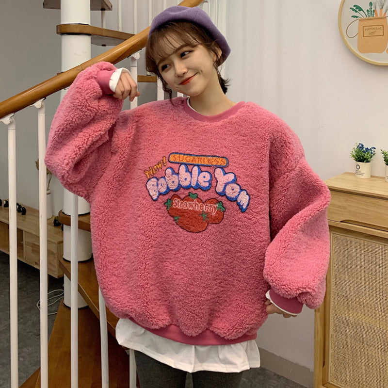 Strawberry Bubblegum Print Warm Fuzzy Fleece Hoodie Sweatshirt Sweater Long Sleeve Pullover E-Girl Kawaii Korean Japanese Harajuku Streetwear