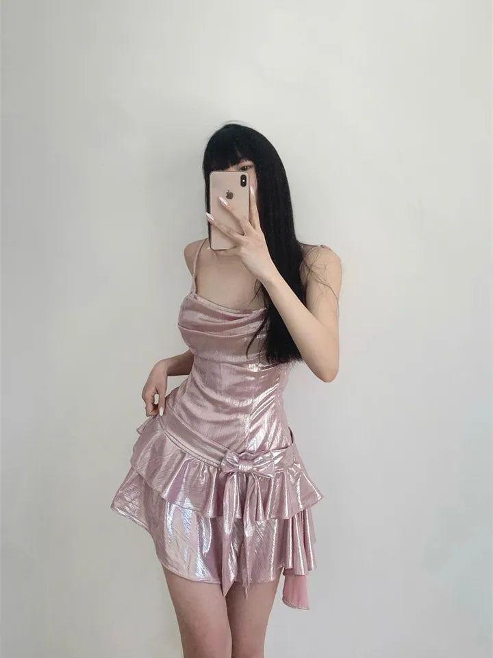 Pink Sequin Ruffle Asymmetrical Mini Dress