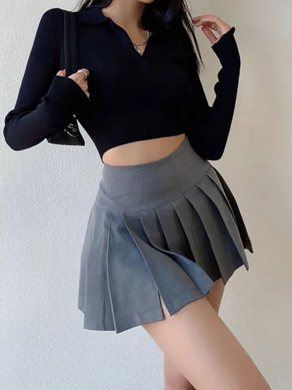 Grey Split Pleated Mini Skirt