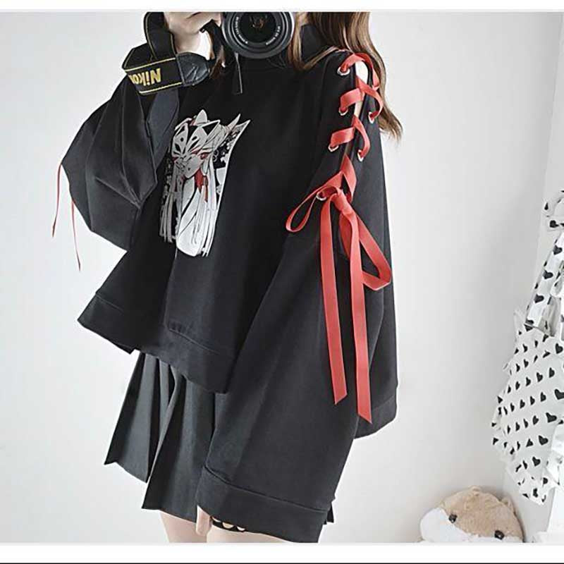 Cute Vintage Anime Fox Print Lace Up Long Sleeve Shirt Hoodie Sweatshirt Top Punk Goth E-Girl Kawaii Korean Japanese Harajuku Streetwear