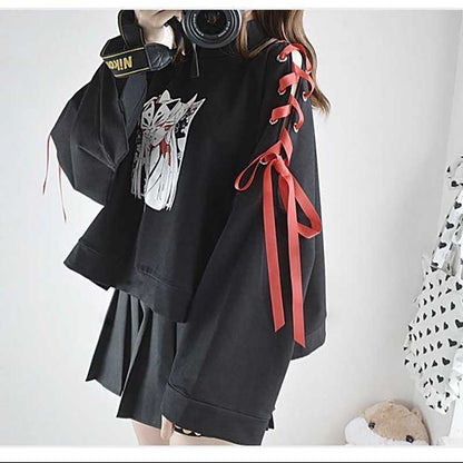 Cute Vintage Anime Fox Print Lace Up Long Sleeve Shirt Hoodie Sweatshirt Top Punk Goth E-Girl Kawaii Korean Japanese Harajuku Streetwear