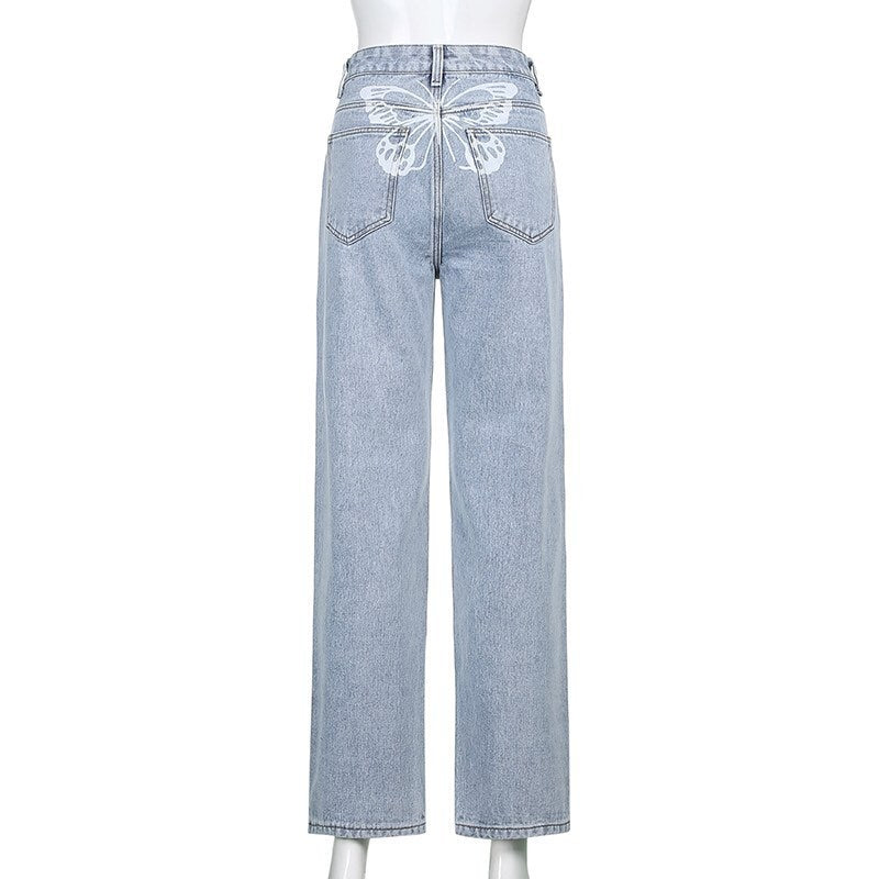 Cute 90s Buttery Print Casual Baggy Straight High Waist Mom Blue Denim Jean Bottom Pant Aesthetic E-Girl Kawaii Korean Japanese Harajuku Streetwear