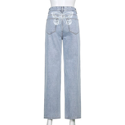 Cute 90s Buttery Print Casual Baggy Straight High Waist Mom Blue Denim Jean Bottom Pant Aesthetic E-Girl Kawaii Korean Japanese Harajuku Streetwear