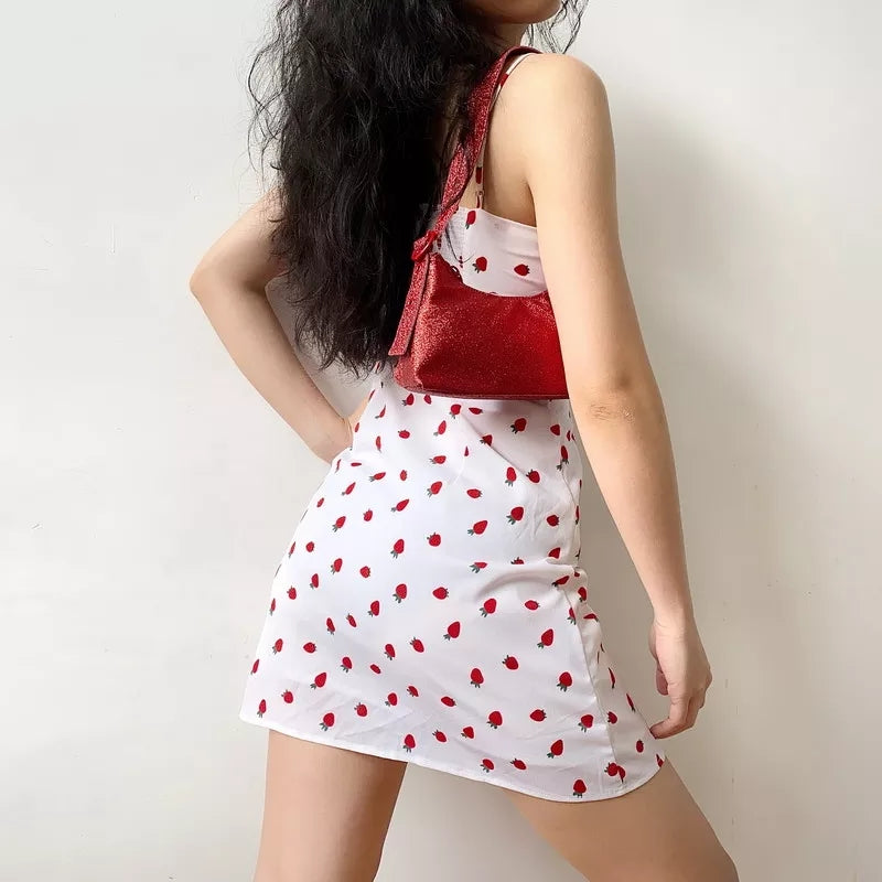 Cute White Strawberry Print Spaghetti Strap Sleeveless Mini Dress Beach Party Summer Aesthetic Casual E-Girl Kawaii Korean Japanese Harajuku