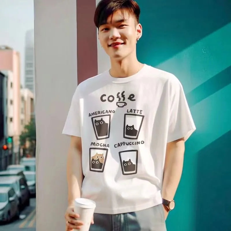 Cat Coffee Print Short Sleeve T-shirt