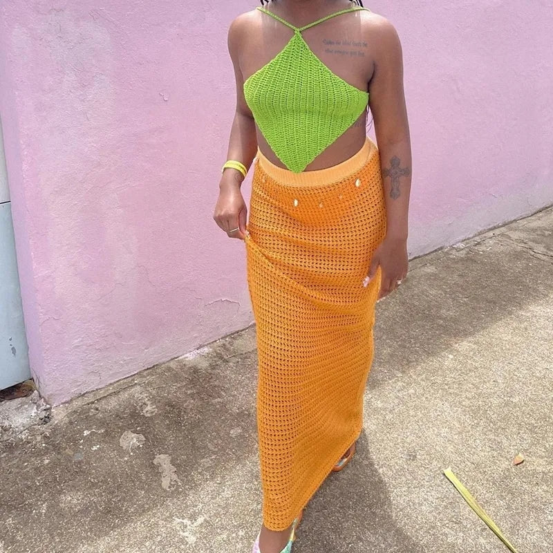 Orange Knit Beach Knit Pencil Skirt