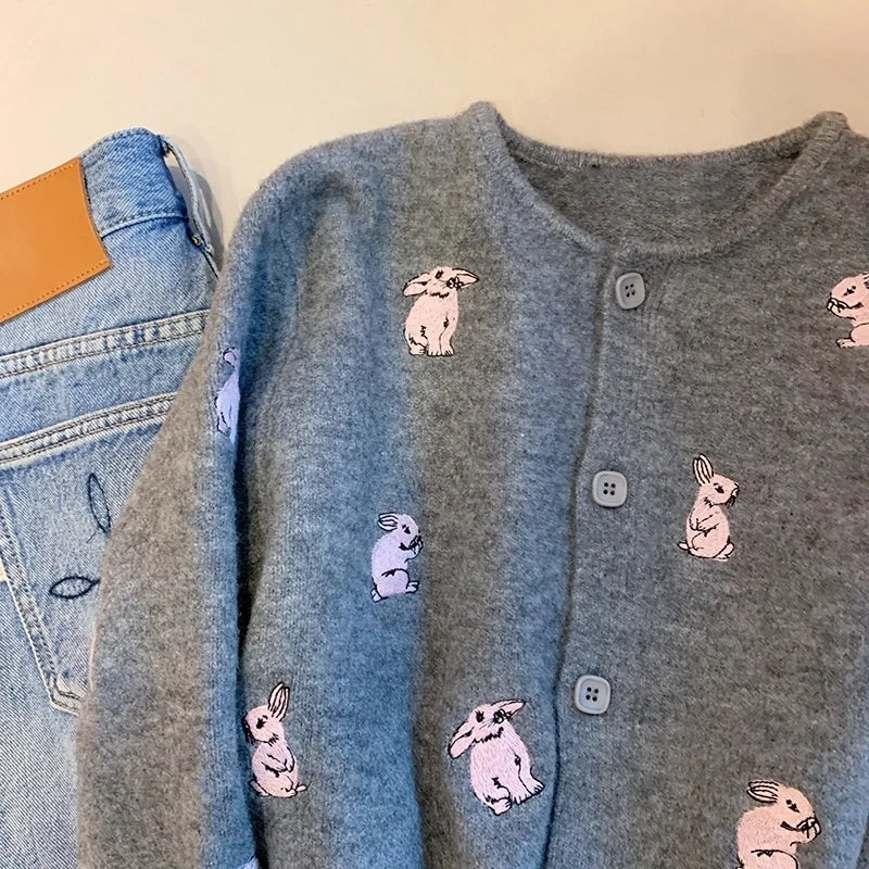 Grey Rabbit Embroidery Knit Cardigan