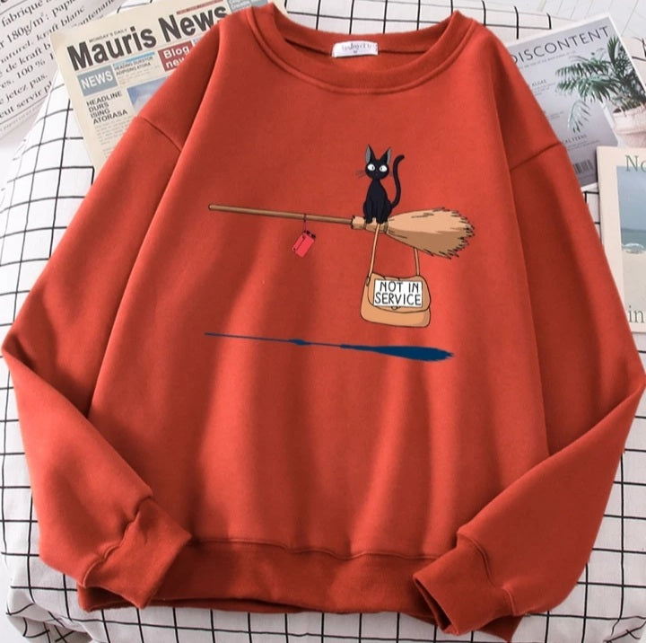 Cute Black Cat Japanese Anime Cartoon Print Oversized Fleece Crewneck