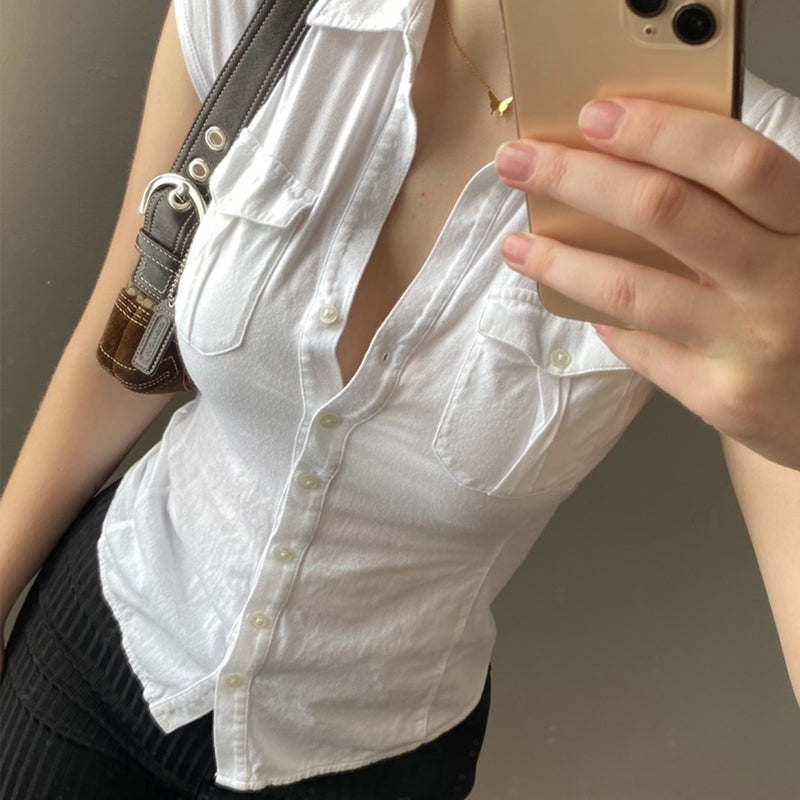 White Pocket Button Down Collar Short Sleeve Shirt