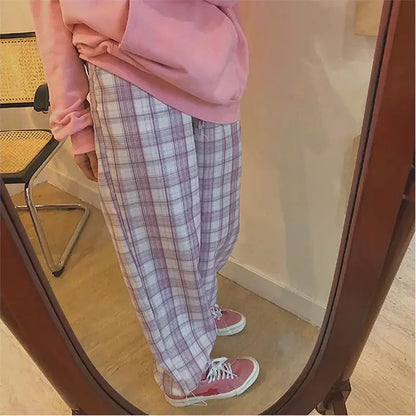 Cute Pastel Pink Checkered Plaid Pants Autumn Punk High Waisted Causal Loose Trouser Hip Hop Bottoms E-Girl Kawaii Korean Japanese Harajuku Streetwear