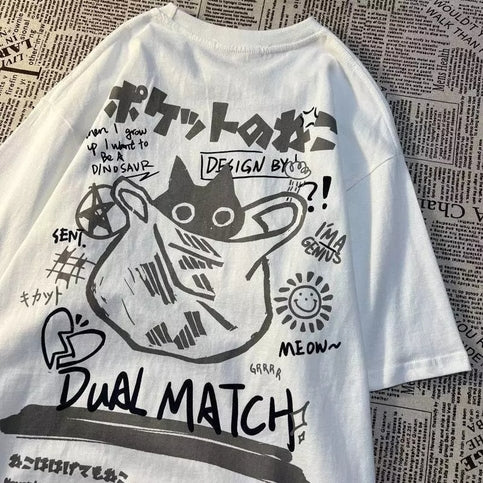 Cat Cartoon Print Loose Short Sleeve T-shirt