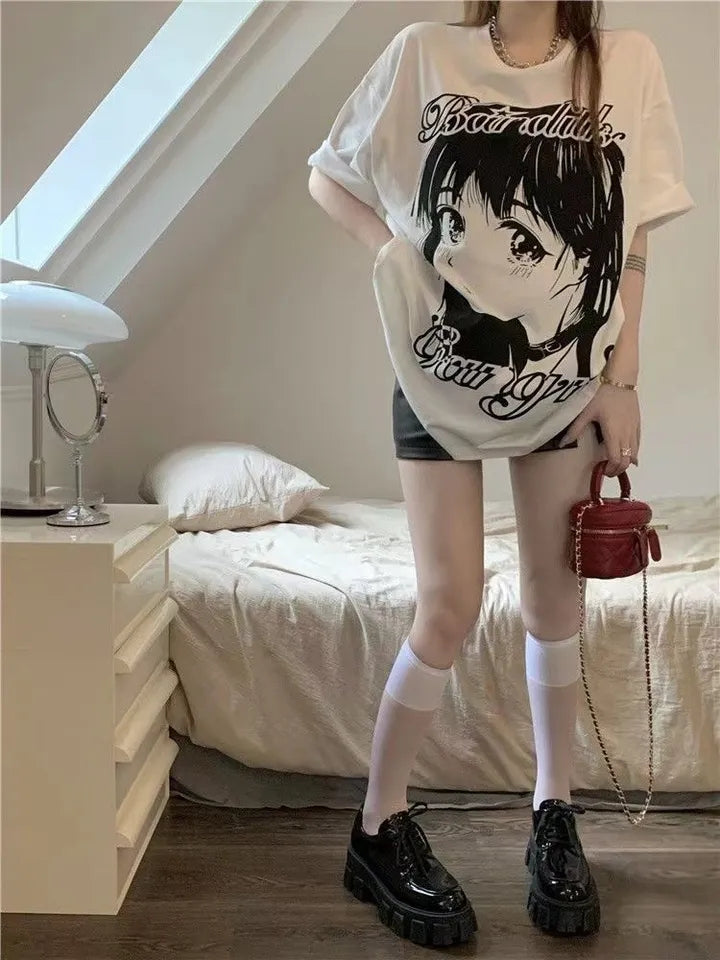 Anime Girl Print Oversized Short Sleeve T-shirt