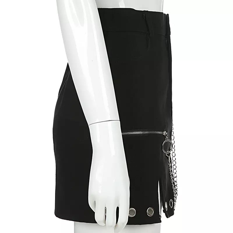 Sexy Black Goth Punk Demin Metal Chain Patchwork High Waisted Mini Skirt Zipper Split A-line E-Girl Kawaii Korean Japanese Harajuku Retro Streetwear
