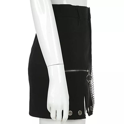 Sexy Black Goth Punk Demin Metal Chain Patchwork High Waisted Mini Skirt Zipper Split A-line E-Girl Kawaii Korean Japanese Harajuku Retro Streetwear