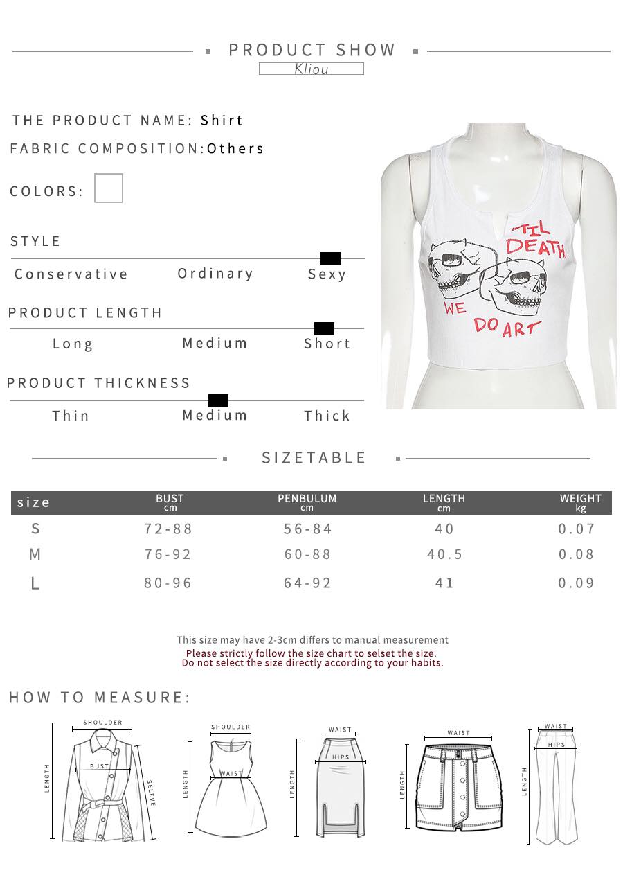 Cute Sexy White Skull Ribbed Sleeveless Tank Crop Top T-shirt Punk Goth Aesthetic Summer Party E-Girl Kawaii Korean Japanese Harajuku Streetwear