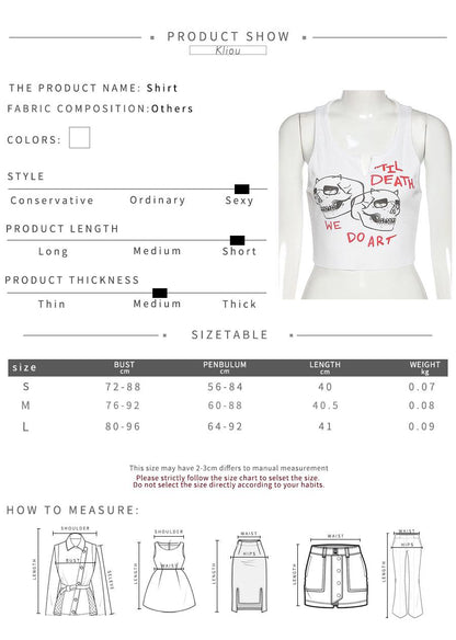 Cute Sexy White Skull Ribbed Sleeveless Tank Crop Top T-shirt Punk Goth Aesthetic Summer Party E-Girl Kawaii Korean Japanese Harajuku Streetwear
