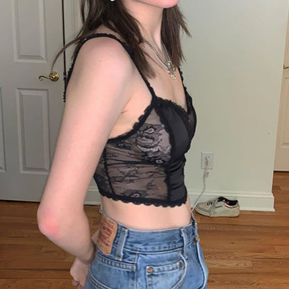 Sexy Black V-Neck Vintage Lace Crop Top Camisole Sleeveless Shirt Dark Academia Goth Punk Summer E-Girl Kawaii Korean Japanese Harajuku Streetwear